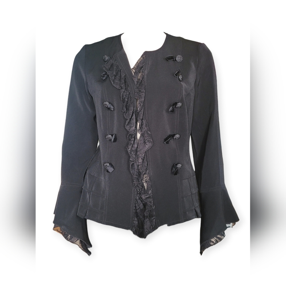 Vintage Y2K Goth Military Jacket Lace Ruffle Whimsigoth Vampire Black Medium